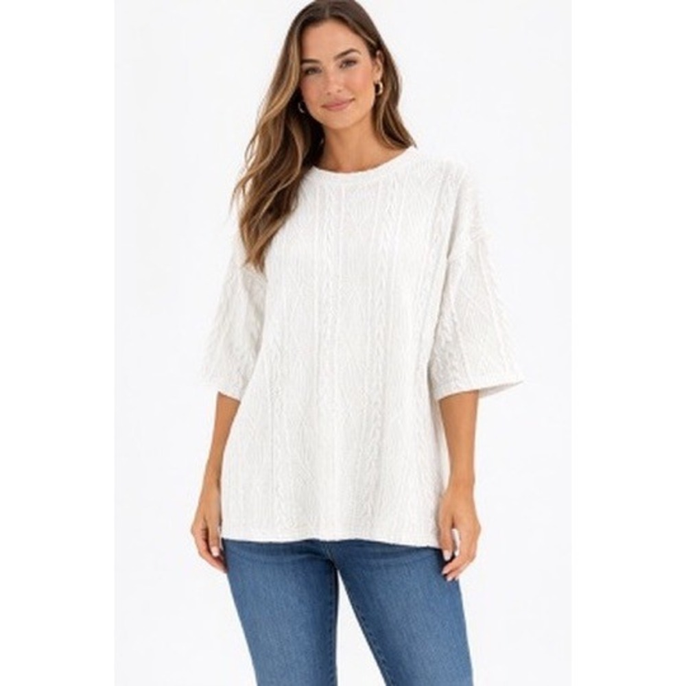 Sabo‎ Skirt Womens XS White Cable Knit Mesh Oversized Sweater Elbow Sleeve Top